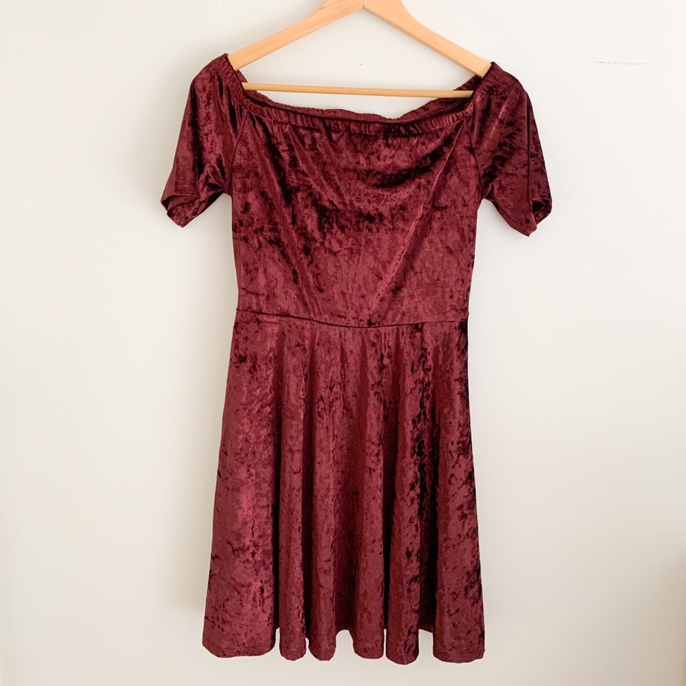 Burgundy crushed velvet off the shoulder skater dress